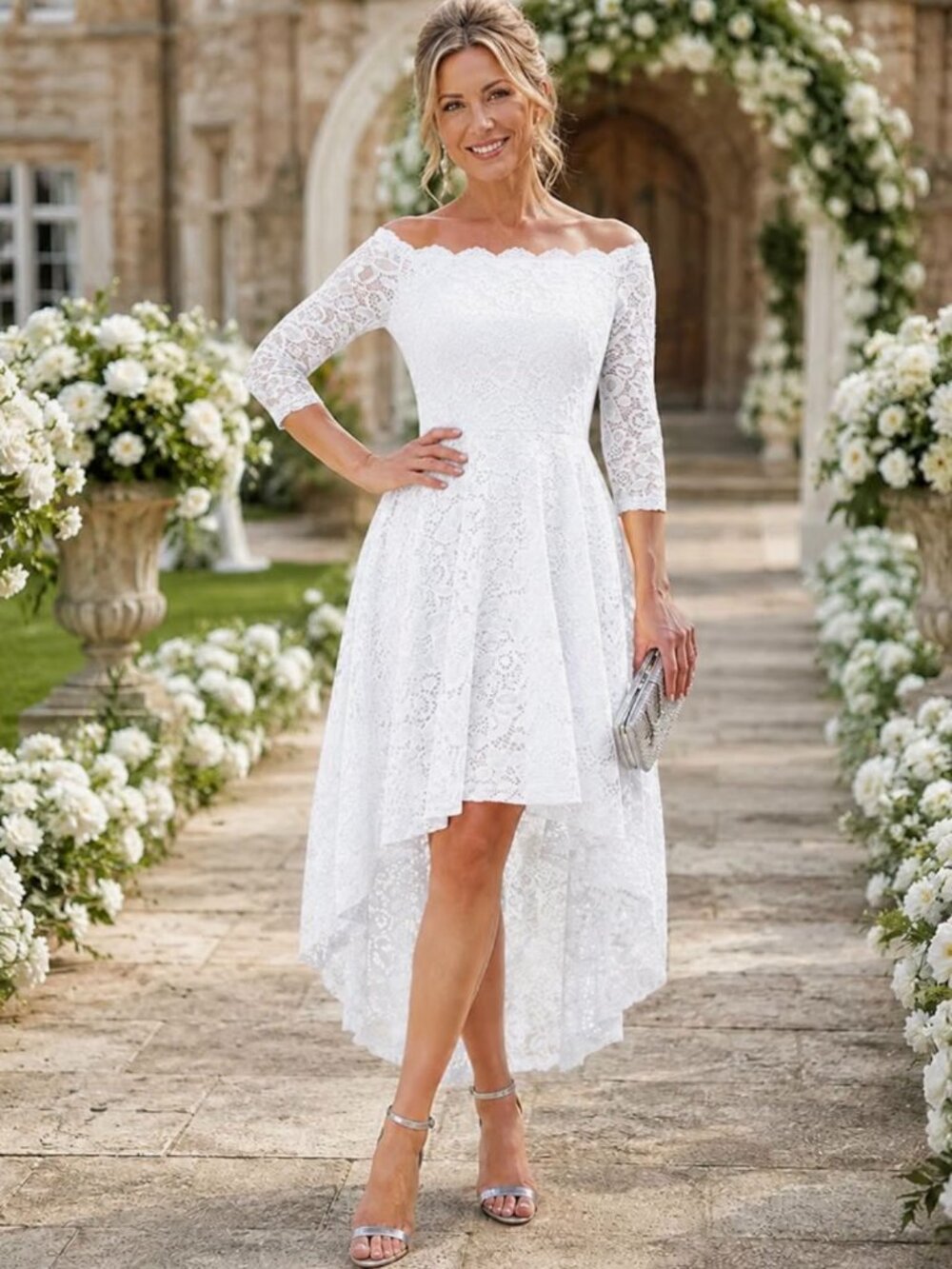 Hi Lo Lace Off The Shoulder 3/4" Sleeves Formal Dress Wedding Dress White Size L